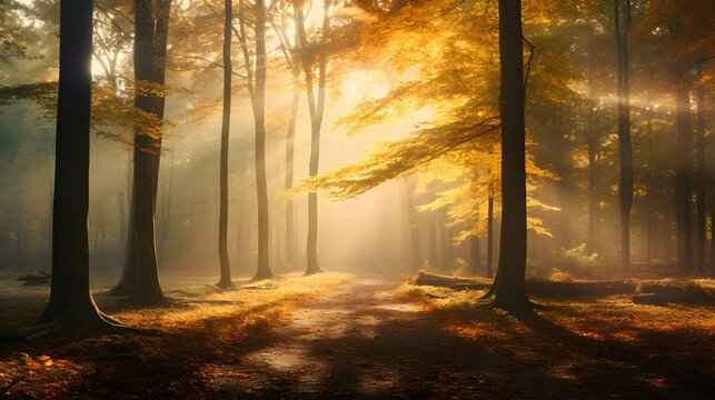 Autumn forest with sunbeams and fog - panoramic image