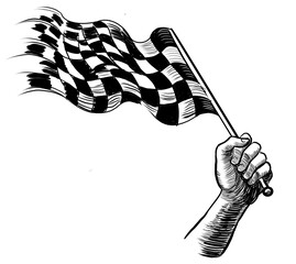 Hand with checker flag. Hand-drawn retro styled black and white illustration - 724379713