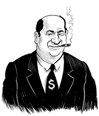 Rich man character. Man pointing up. Hand-drawn retro styled black and white illustration