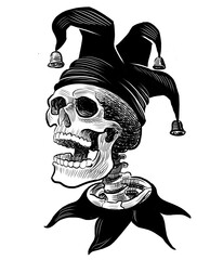 Jester skull. Hand-drawn retro styled black and white illustration