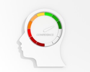 Confidence level scale with arrow inside human head. The measuring device icon. Sign of indicator. Change, success positive approach and flexibility in business, new results. 3D render