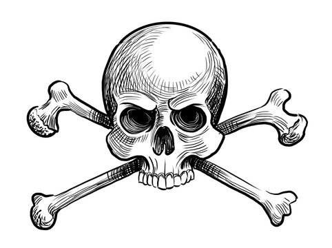 Skull and crossed bones. Hand-drawn retro styled black and white illustration