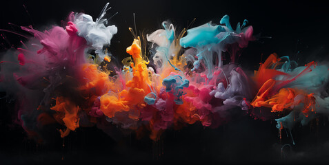 multicolored vivid smoke plumes coalescing together into one big puff; wide background isolated on...