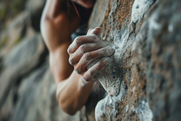 Close-up View of Woman Climber's Hand Gripping Rocky Edge - obrazy, fototapety, plakaty
