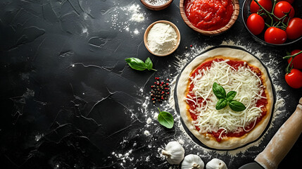  Top view of raw dough, ingredients and spices for pizza Margherita with tomato sauce and Mozzarella cheese on black background. generative ai