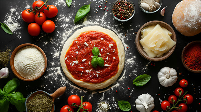  Top view of raw dough, ingredients and spices for pizza Margherita with tomato sauce and Mozzarella cheese on black background. generative ai