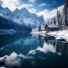 Beautiful winter landscape with alpine lake and wooden house in Alps