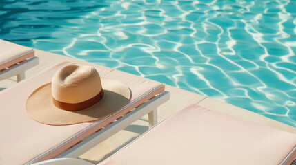Fototapeta na wymiar Fashionable sun hat on lounge chair poolside at luxury resort. Summer vacation, upscale hotel. Blue water reflection, dappled light. Sunscreen, sun protection, skin protection. Room for type.