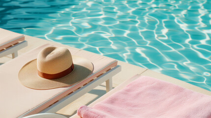 Fototapeta na wymiar Sun hat laying on lounge chair with pink towel at luxury hotel swimming pool. Summer vacation, upscale resort. Exclusive destination travel, luxury vacation. Sunscreen, sun protection, skin protection