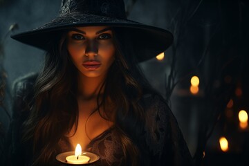 Fantasy woman witch magician in hat hood candles, ritual. Girl sorceress. Medieval cloak dress magician costume. magic, atmosphere, portrait, 4k, stock photo, quality, woman casting a spell