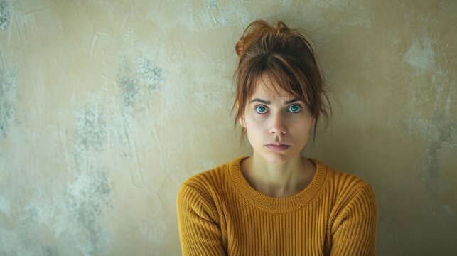 A woman with a tense posture and strained smile portraying a schizoid personality disorder.