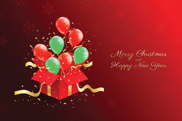 Merry Christmas greeting card vector design with red 3D box and balloons gold shiny ribbons and confetti on red background with snowflakes are falling.