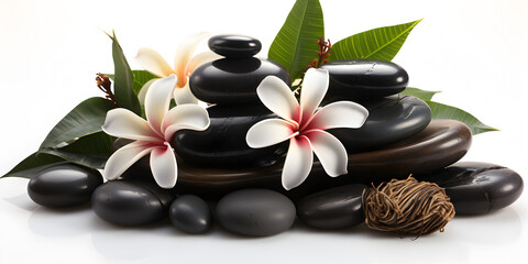 Black pebbles with white flowers in spa