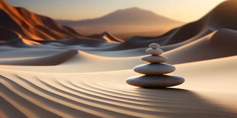 Zen stones on sand with sunlight