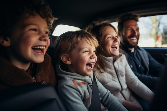 traveling with family, children, group of young people, having fun, happy, good mood, car, driving, smiling, joint leisure, outdoor recreation, travelers, beautiful, 4k photo, picture