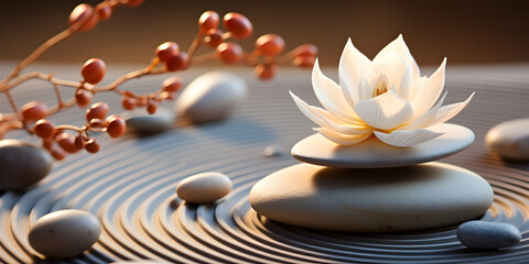 Zen stones on sand with flower
