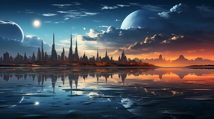 Subtle ripples distorting the reflection of a futuristic cityscape in the calm waters of a muted lake, creating an otherworldly mirage