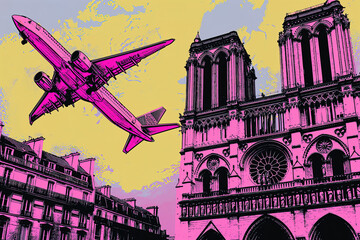 Notre Dame cathedral and plane illustration pop art cartoon postcard colorful, travel France Paris Europe	 - obrazy, fototapety, plakaty