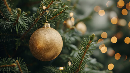 Obraz na płótnie Canvas Close up view of beautiful fir branches with shiny golden bauble or ball, xmas ornaments and lights, Christmas holidays background. copy space. Decoration on christmas tree. Festive new 2023 year
