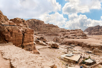 View from Great Temple to Nabatean Kingdom of Petra in the Wadi Musa city in Jordan