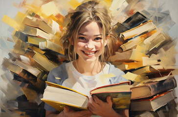 A joyful woman stands in front of a mountain of books, her face beaming with knowledge and her clothing adorned with the art of literature