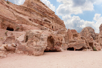 A large number of burial caves dug into rocks by the Nabateans in the Nabatean Kingdom of Petra in...