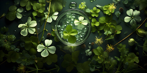 Green clover leaves with glass of drink