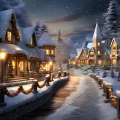 Fototapeten Winter night in the village. Christmas and New Year card. 3d illustration © Iman