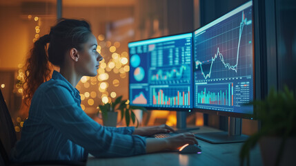 cinematic view of a financial analyst working with interactive holographic data visualization, futuristic technology in finance