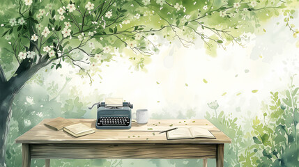 Vintage Typewriter in Blossoming Springtime Setting - obrazy, fototapety, plakaty