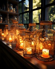 Fototapeta na wymiar Candles in glass bottles on a shelf in a restaurant, close up