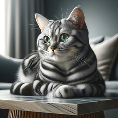 The American Shorthair cat with green eyes and grey fur, sitting regally on the corner of a coffee table