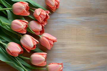 Pastel Pink Tulips Laid on a Wooden Table Surface