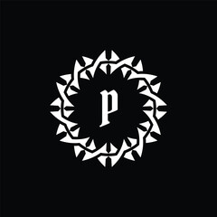 Initial letter P ornamental border circle frame logo