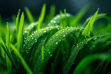 Fototapete Rund Close up of Morning Dew droplets on a vibrant grass. © Rattanapon