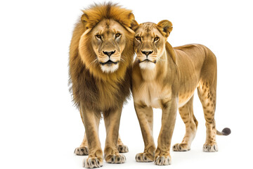 Obraz premium A powerful pair of big cats, the lion and lioness, stand tall together on the african savannah, their majestic figures a symbol of strength, beauty, and the wild beauty of nature
