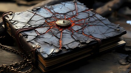 The cracked and weathered surface of an old leather-bound book, telling a story through its textured appearance