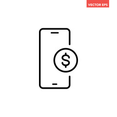 Black single mobile payment line icon, simple digital easy contactless payment flat design pictogram vector for app ads web banner button ui ux interface elements isolated on white background