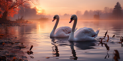 Swans on lake at sunset