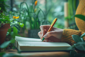 A person practices gratitude by writing in a journal, emphasizing the role of gratitude in cultivating positive emotions and wellbeing.