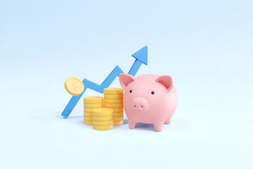 3D rendered illustration of the concept of saving money and positive growth and business investment with a piggy bank and gold coins with an arrow pointing up.