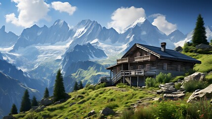 Fototapeta na wymiar Panoramic view of swiss alps with traditional swiss chalet