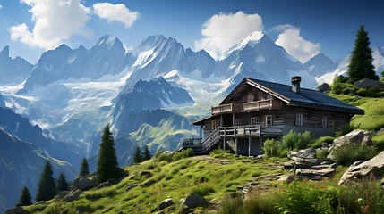 Fototapeten Panoramic view of swiss alps with traditional swiss chalet © Iman