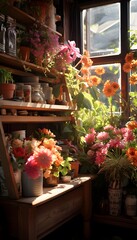 Fototapeta na wymiar Flowers in pots and vases on a shelf in a flower shop