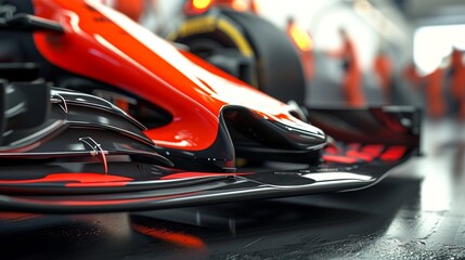 Macro shot of a cars front wing emphasizing the intricate design and use of aerodynamic elements...