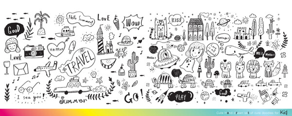 Collection of hand drawn cute doodles,Doodle children drawing,Sketch set of drawings in child style,Funny Doodle Hand Drawn,Page for coloring, cute animal