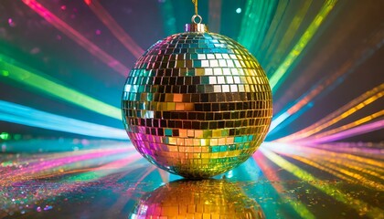 Fototapeta na wymiar disco ball, vibrant and energetic graphic featuring a disco ball in full swing. The composition incorporates neon colors and dynamic light reflections, wallpaper,Ai Generate 