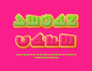 Vector funny banner Vegan Cafe.  Creative Rotated Font. Tasty Cake Artistic Alphabet Letters and Numbers set.