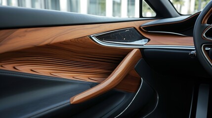 A focus on the wood trim on the door panels displaying the contrast between the sleek wood and the...