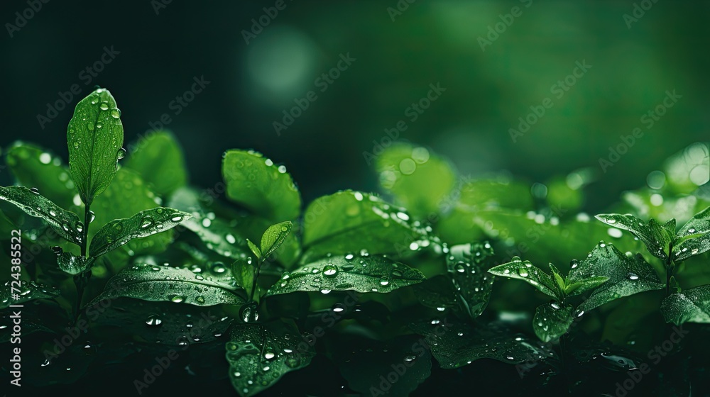 Poster rain in the park, wet tree branches and leaves, green landscape on a rainy day, nature background, n